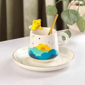 Чайная пара керамическая с ложкой «Мишка», 2 предмета: чашка 180 мл, блюдце d=15 см, цвет белый