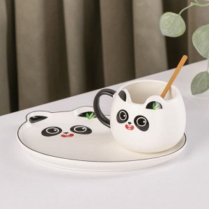 Чайная пара керамическая с ложкой «Панда», 180 мл, блюдце 19,5?14,5 см, рисунок МИКС