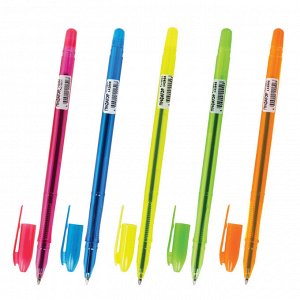 Ручка шариковая масляная ПИФАГОР "Neon", СИНЯЯ, корпус неоновый ассорти, узел 1 мм, линия письма 0,7 мм, 142966