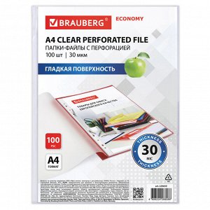 Папки-файлы перфорированные А4 BRAUBERG &quot;ECONOMY&quot;, КОМПЛЕКТ 100 шт., гладкие, 30 мкм, 229659