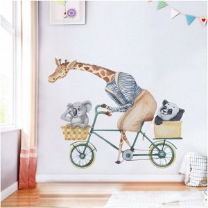 Наклейка пластик интерьерная цветная "Жираф на велосипеде катает зверят" 30х90 см 7599406