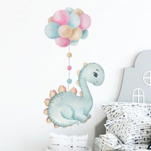 Наклейка пластик интерьерная цветная &quot;Динозаврик голубой с воздушными шарами&quot; 30х60 см