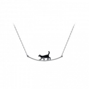 Колье "Кошка" из серебра на цепочке  с черной эмалью - 541