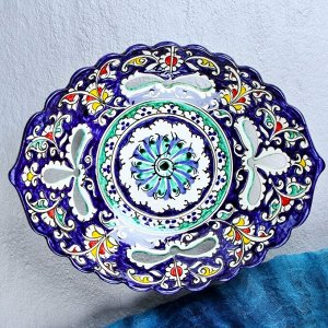 Блюдо Риштанская Керамика "Цветы", 27 см, синее, рифлёное, овальное