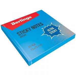 Бумага для записей с клейким краем 76*76 мм, Berlingo "Ultra Sticky", 80л, синий неон