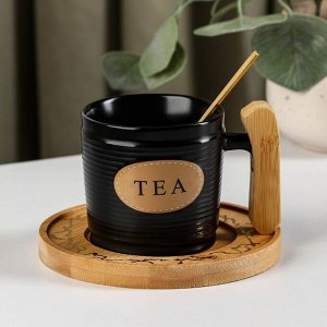 Кружка «Чай», 220 мл, на деревянной подставке и ложкой, цвет чёрный