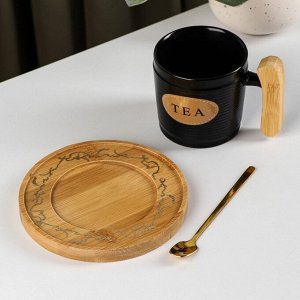 Кружка «Чай», 220 мл, на деревянной подставке и ложкой, цвет чёрный