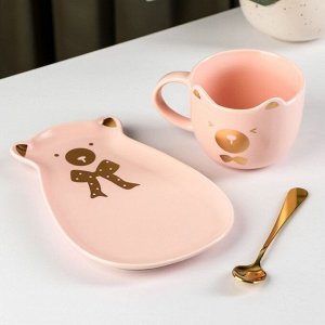 Чайная пара керамическая «Мишка», 220 мл, подставка 18x11,5x7 см, ложка, цвет розовый