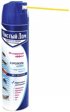 Чистый дом Аэрозоль Супер Универсальный 600 мл. От тараканов, муравьев, клопов, моли, мух и ос.