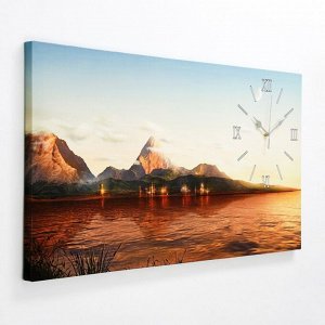 Часы настенные, на холсте, серия: Природа, "Озеро и горы", 50 х 100