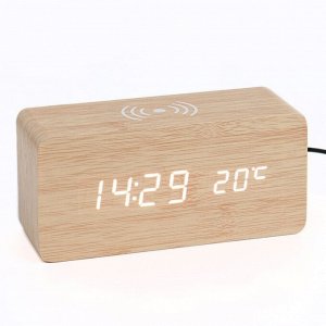 Настольные электронные часы "Цифра-ТЗ", термометр, QI зарядка, 17 х 8 х 7 см,белая индикация