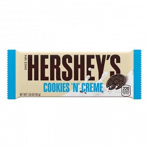 Шоколад белый с печеньем Hershey`s Cookies N Creme Bar /  Хершис ванильный шоколад с печеньем 40 гр