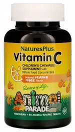 Nature&#039;s Plus Source of Life Animal Parade Vitamin C, Natural Orange Juice Flavor 90 таблеток в форме животных