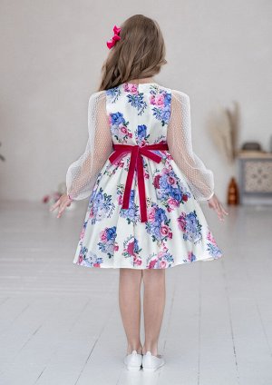 Платье из принтованного атласа, с рукавами из отделочной сетки, цвет кремовый