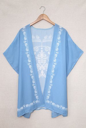 Голубая пляжная накидка-кимоно с белым цветочным узором