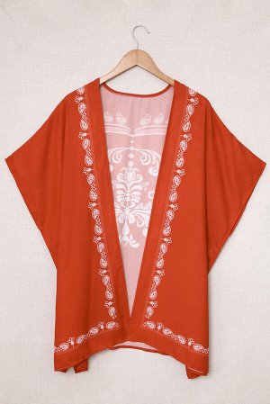 Пляжная накидка-кимоно кирпичного цвета с белым цветочным узором