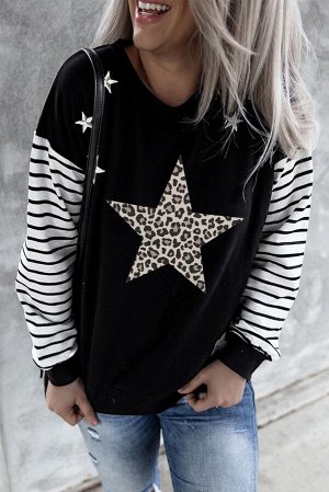 Черно-белый свитшот с полосатыми рукавами и звездным принтом