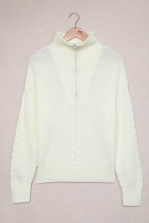 Белый свитер крупной вязки с воротником на молнии