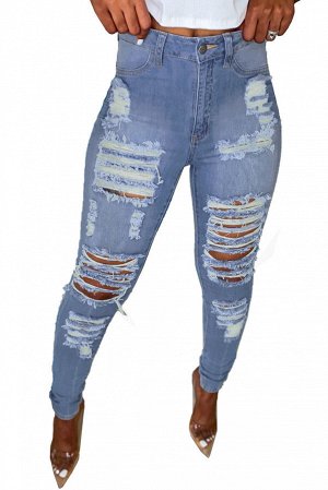 Голубые длинные облегающие джинсы с высокой талией и разрезами