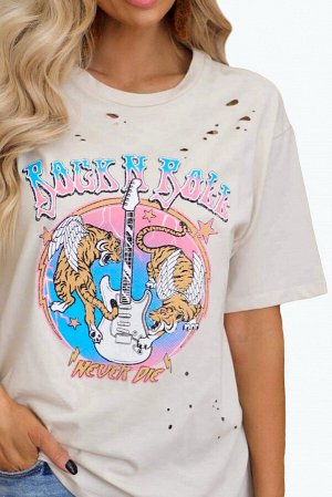 Бежевая рваная футболка оверсайз с красочным принтом Rock N Roll Never Die