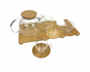 Набор чайных пар, 4 шт, чайник 1000 мл, чашка 140 мл, стекло, бамбук