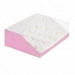 Коробка для капкейков на 12 ячеек 310*235*100 розовая матовая с пластиковой крышкой 040515