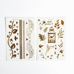 Детские татуировки-переводки, 10x15 см, набор 2 листа, золото, «Птички, растения»