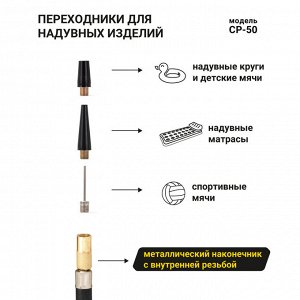 Компрессор воздушный CarPerformance, 50 л./мин., 12V/16А, 200W, 10 Атм., двухпоршневой,  шланг 0,6 м. + дополнительный шланг из PU 2,5 м., кабель питания 2,8 м., питание от прикуривателя, набор из 3-х