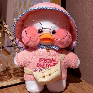 Мягкая игрушка утка ЛалаФанфан White в розовом свитере с панамкой сумочкой и очками