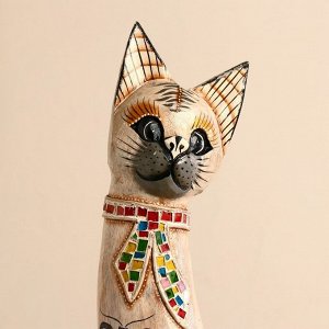 Сувенир дерево "Кошка с бабочкой и бантом из мозаики" белая 60х12х6 см