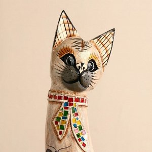 Сувенир «Кошка белая с бабочкой и бантом из мозаики», 60x12x6 см, дерево