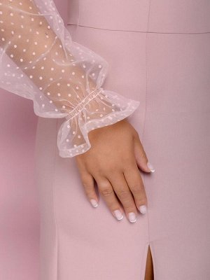 Платье розовое с разрезом и рукавами из фатина