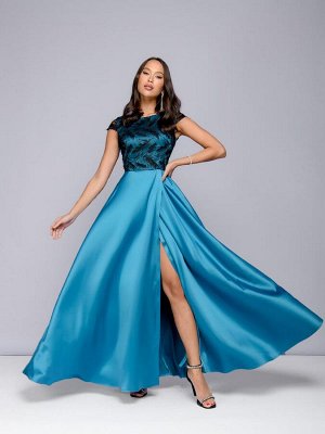 Платье цвета морской волны длины макси с вышивкой и разрезом на юбке