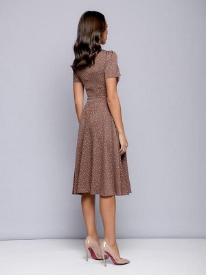 Платье цвета мокко в горошек длины миди с короткими рукавами