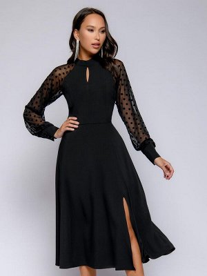 Платье черное длины миди с объемными рукавами и воротником-стойкой