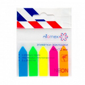 Закладки самоклеящ. пластиковые 12 х 45 мм, 5 цв. по 20 л, неон, стрелки, Attomex