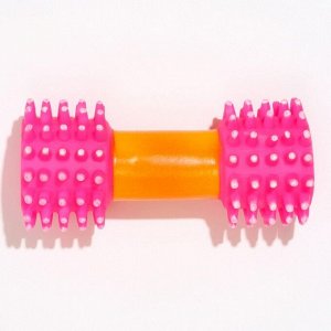 Игрушка для собак пищащая "Массажная гантель", 14 см, розовая/жёлтая