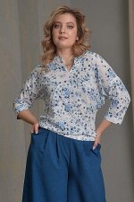 Блузка белый синий с рисунком