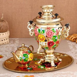 Набор «Цветы на золотом», жёлудь, 3 предмета, самовар 3 л, заварочный чайник 0,7 л, поднос