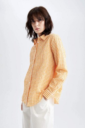 Рубашка-туника из гофре с длинными рукавами и квадратным узором, классический крой