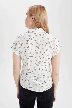DEFACTO Рубашка из вискозы с короткими рукавами и воротником рубашки Relax Fit с рисунком