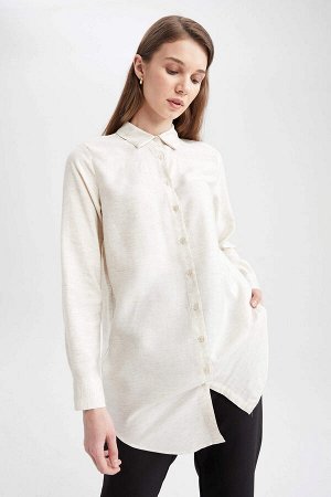 Рубашка-туника из смесового льна с воротником рубашки классического кроя