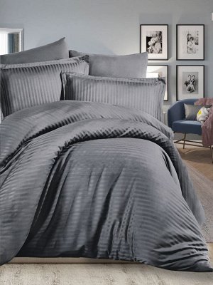 Комплект постельного белья СТРАЙП САТИН PREMIUM цвет Графит  2 спальный с простыней на резинке