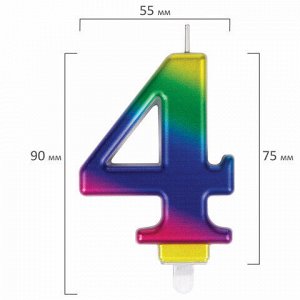 Свеча-цифра для торта "4" "Радужная", 9 см, ЗОЛОТАЯ СКАЗКА, с держателем, в блистере, 591437