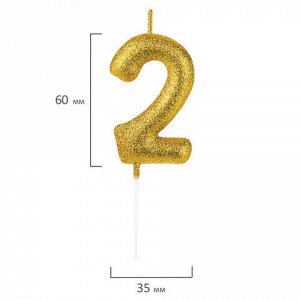 Свеча-цифра для торта "2" золотая с глиттером, 6 см, ЗОЛОТАЯ СКАЗКА, на шпажке, в блистере, 591415