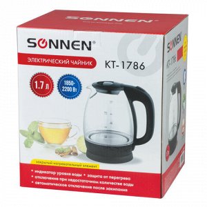 Чайник SONNEN KT-1786, 1,7 л, 2200 Вт, закрытый нагревательный элемент, стекло, 453422