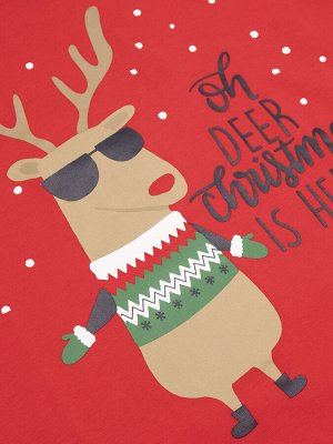 Лонгслив Красный лонгслив с рождественским принтом в виде оленя и надписями на английском языке "OH, DEER! CHRISTMAS IS HERE " выполнен из натурального, приятного на ощупь материала. Горловина кофты о