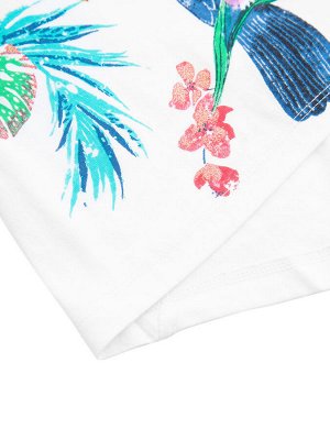 Футболка Белая футболка свободного кроя для девочки. Имеет удлиненную спинку с оригинальным вырезом. На груди яркий летний принт с разноцветными пайетками. Надпись: "Tropical sunshine state of mind mo