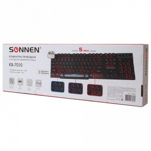 Клавиатура проводная SONNEN KB-7010, USB, 104 клавиши, LED-подсветка, черная, 512653