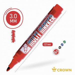 Маркер перманентный CROWN &quot;Multi Marker&quot;, КРАСНЫЙ, круглый наконечник, 3 мм, CPM-800